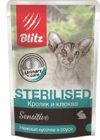 BLITZ Sensitive для стерилизованных кошек Кролик и клюква кусочки в соусе ПАУЧ, 85гр